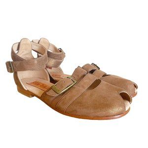 Jim Barnier Womens Size 9 Leather Sandals Peep Toe Ankle Wrap Brown Gold Shimmer